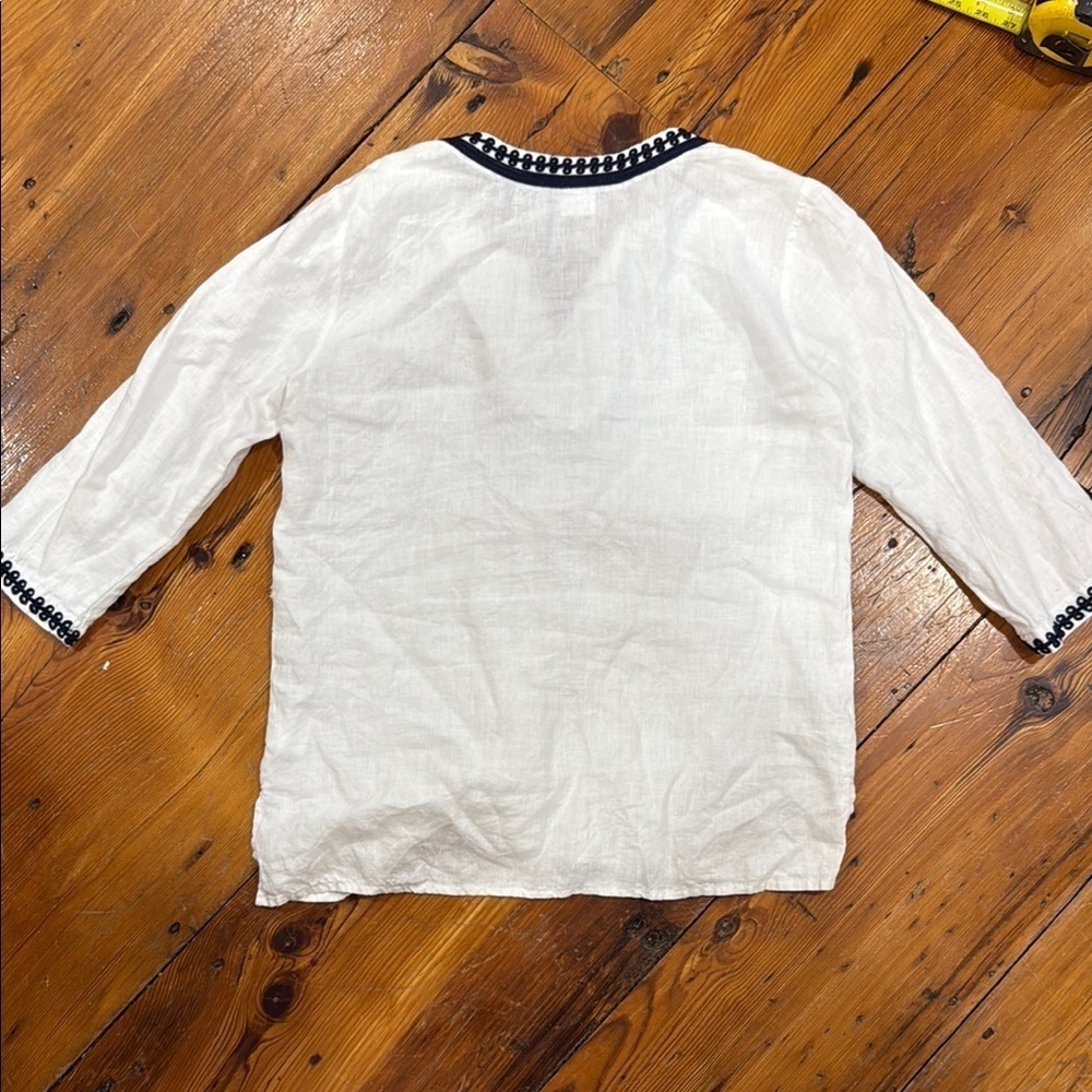 Symple NYC Tunic Embroidered Linen White and Navy Top size medium - Picture 10 of 13